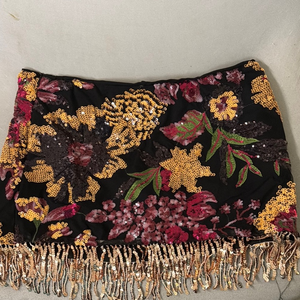 SHEIN Black Mini Skirt with Gold & Pink Sequin Floral Embroidery